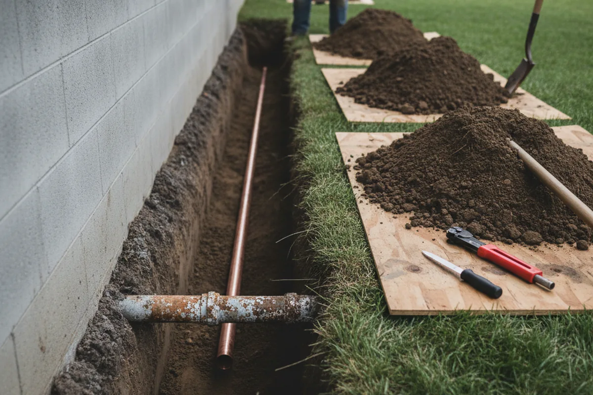 Excavated water line trench during Sewer Line Repair in Onslow